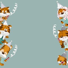 Tiger family in the party cone hat with firecrackers. Christmas mock-up. Merry Christmas and Happy New year. Family holidays all together. Chinese tiger. Green background with copy space.