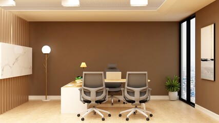 3d office minimalist room with wooden design interior