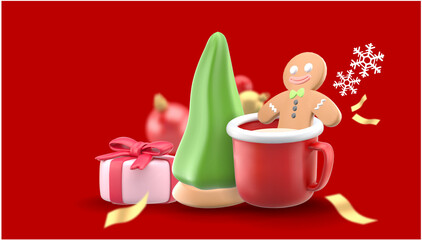 Gingerbread Man is in a hot cocoa mug surrounded by Christmas tree cookies and gift boxes on a red background.