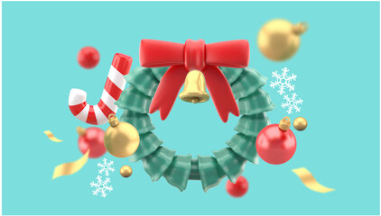 Christmas wreath surrounded by candy cave, glass balls and gift boxes on a blue background.Design for christmas illustration.