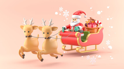 Santa Claus riding a reindeer sleigh surrounded by snow on a pink background.Design for christmas illustration...