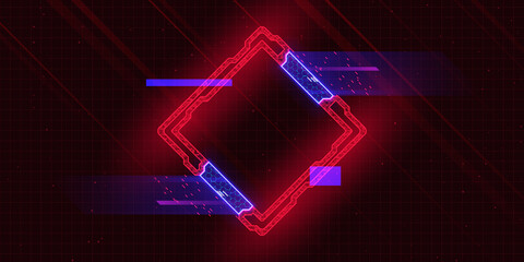 Futuristic cyberpunk style rhombus with glitch effect. Rhombus with red cyberpunk elements and blue hud neon hologram effect. Good for design banners, electronic music events, game titles.