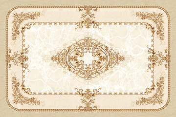 3-D symmetric ceiling painting in classic style with gold ornaments on beige marble background