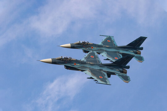 FUKUOKA, JAPAN - NOV 25,2018: The Mitsubishi F-2 Multirole Fighters Performed Formation Flyby In Tsuiki Air Base At Japan Air Self-Defense Force(JASDF).