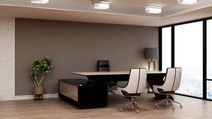 office work from home desk setup in 3d render design interior for company wall logo mockup