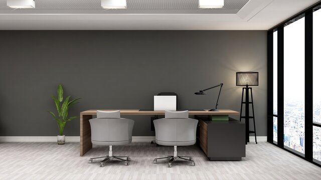 Business Office Work From Home Desk Setup In 3d Render Design Interior For Company Logo Mockup