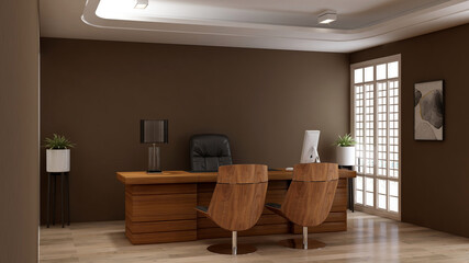 modern business office manager room with 3d design interior for company wall logo mockup