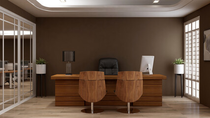 modern business office manager room with 3d design interior for company wall logo mockup