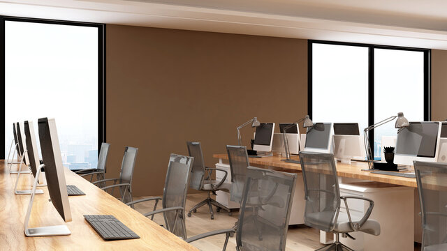 office area with blank wall 3d design interior for company wall logo mockup