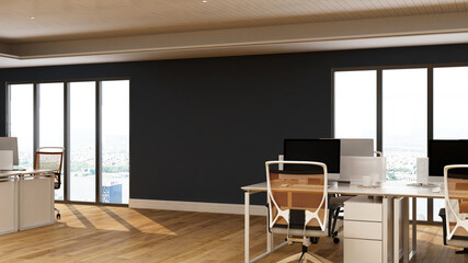 office area with blank wall 3d design interior for company wall logo mockup