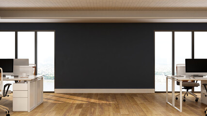 office area with blank wall 3d design interior for company wall logo mockup
