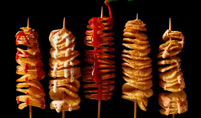Skewers with fried potatoes and sauces