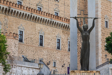 alcazar de toledo historical monument of the city with the statue of a woman with a spear...