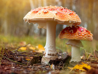 two fly agarics in the forest.