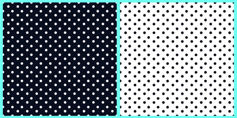 Set of vector seamless patterns. White and black circles, small polka dots on a white and dark isolated background. 