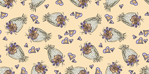 Seamless pattern for Wedding celebration in line art style on beige background. Violet and yellow doodle element drawn with felt pen. Multicolor cartoon Bouquet of flowers and heart symbol of