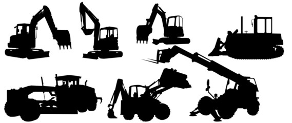 Backhoe excavator Logo element vector set. Excavator heavy equipment silhouette vector for construction company.