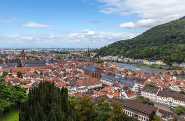 Fototapeta na wymiar Heidelberg, Germany. View of the historic center from the mountain: Market Square, Old Bridge (Karl Theodor Bridge)