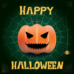 Happy green halloween card with spider web, spider and pumpkin with black eyes