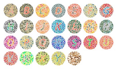 Vector graphic of color blind test. Ishihara Test daltonism color blindness disease perception test letter blindness test set. vector eps10.