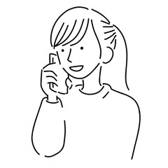 スマホで通話する女性のシンプルイラスト　アウトライン　モノクロ