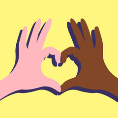 Obraz premium vector illustration on the theme of tolerance, loyalty to people of a different race.two hands of a treasury skin color, folded in the shape of a heart.stop racism.useful for poster, print, propaganda