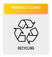 Recycle sign, three arrows in circle thin line icon. Modern vector illustration.