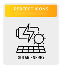 Solar energy, renewable battery by sun thin line icon. Modern vector illustration of alternative energy.