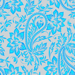 Seamless traditional classic blue pattern with leaves and flowers. Gzhel ethnic ornament. Vector print.