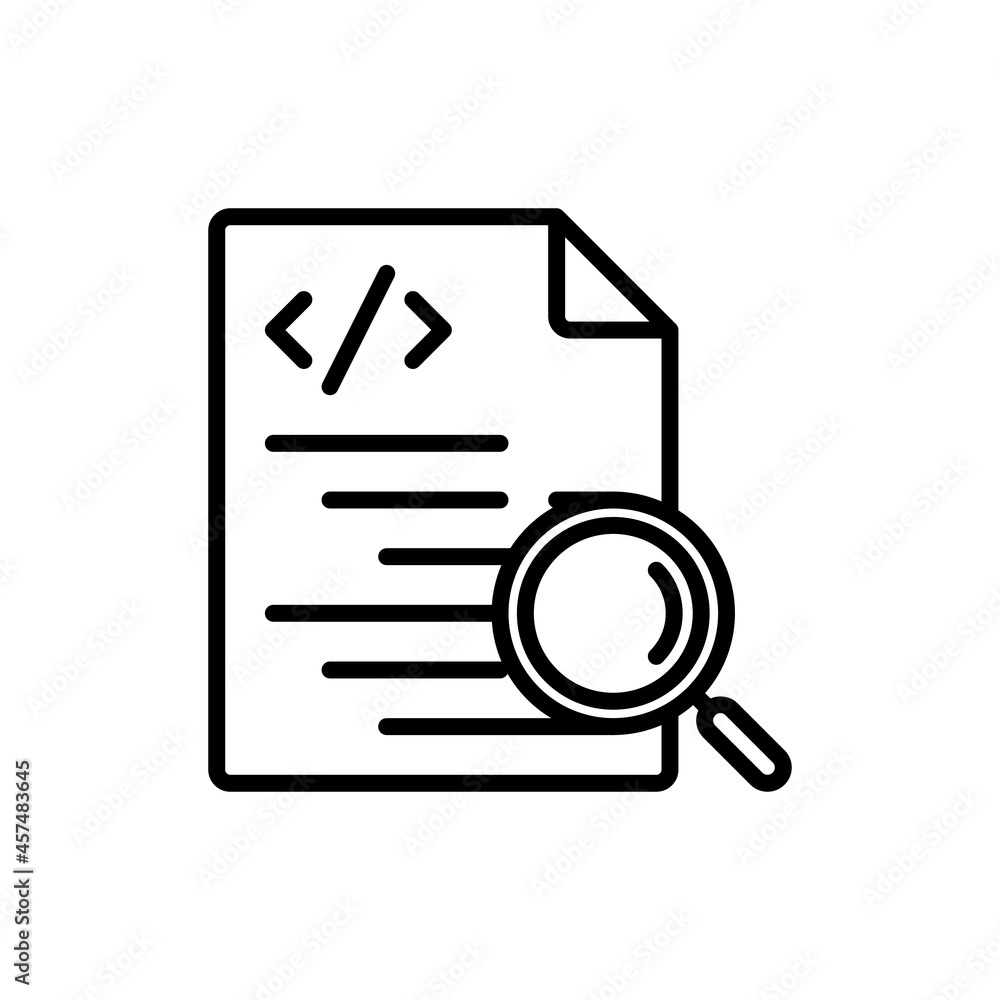 Poster testing software, code with magnifying glass thin line icon. modern vector illustration.