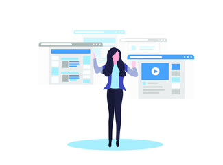 Young business girl switches virtual screens. Business management concept. Vector flat illustration