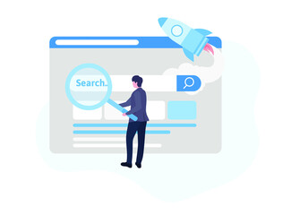 A man is holding a large magnifying glass at the search page. SEO, Search Engine Optimization, Top ranking Concept. Vector flat illustration