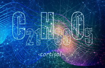 Steroid hormone cortisol on connected lines with dots backdrop