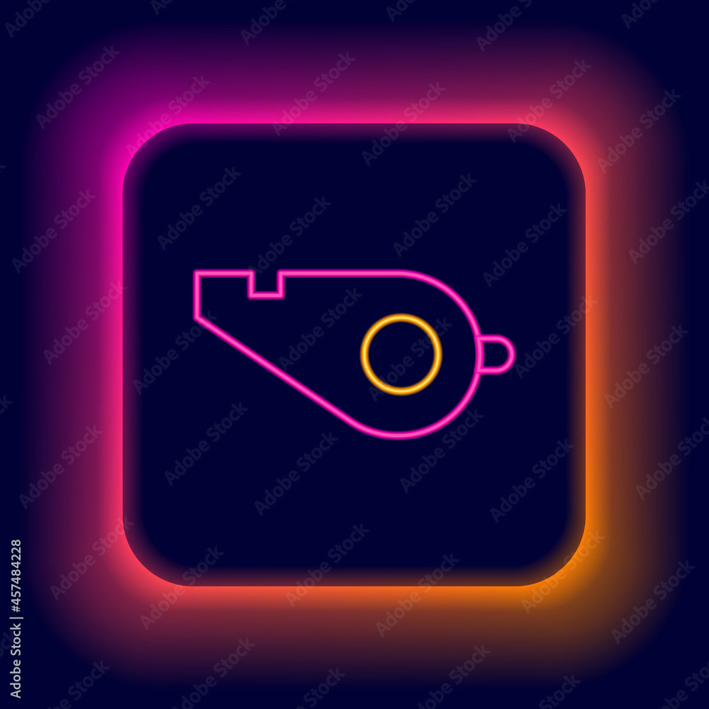 Poster Glowing neon line Whistle icon isolated on black background. Referee symbol. Fitness and sport sign. Colorful outline concept. Vector