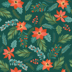 Obraz premium Christmas and Happy New Year seamless pattern with needles and flowers. Vector design template.