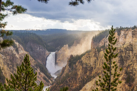 Amazing sunset at the Lower Falls in the Grand Canyon of the Yellowstone National Park