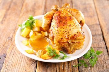 roasted chicken with potatoes and sauce