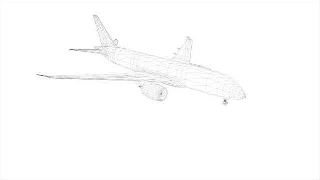 Boeing Black Wireframe on White Background 4k Footage, Fast rotating Aeroplane Wireframe