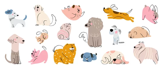 Tuinposter Cute dogs doodle vector set. Cartoon dog or puppy characters design collection with flat color in different poses. Set of funny pet animals isolated on white background. © TWINS DESIGN STUDIO