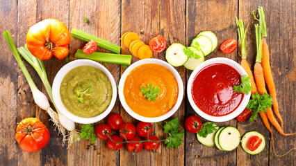 assortment of colored vegetable soup and ingredients