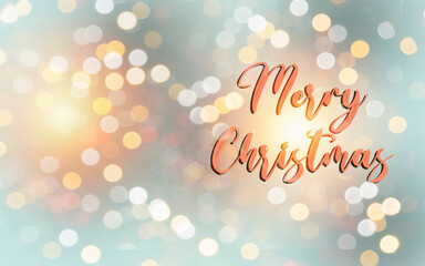 white, yellow and blue Abstract Bokeh Background with Merry Christmas text