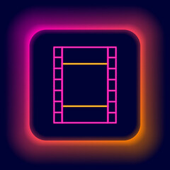 Glowing neon line Play Video icon isolated on black background. Film strip sign. Colorful outline concept. Vector