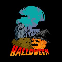 tomb and pumpkin illustration on Halloween celebration, for design t-shirts, posters, stickers, templates and more