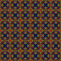 Yellow Red Tribal or Native Seamless Pattern on Blue Background in Symmetry Rhombus Geometric Bohemian Style for Clothing or Apparel,Embroidery,Fabric,Package Design