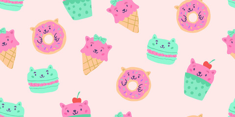 Vector seamless pattern with cat muffins, cupcakes, sweets, candies, macarons isolated on pink. Kids doodle illustrations. kids unisex textile design, baby textile design with sweets, cats