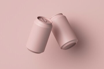 two pink classic aluminum soda cans on pink background, source or template, poster, 3D rendering