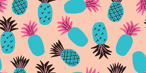 Colorful minimalistic abstract pineapples seamless pattern. Stylish tropical doodle vector pattern. Kids pattern in scandinavian style