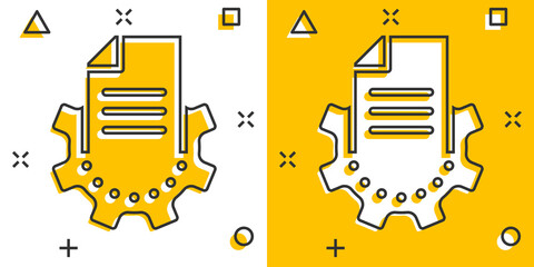 Fototapeta premium Document with gear icon in comic style. Big data processing cartoon vector illustration on white isolated background. Paper sheet software splash effect solution business concept.