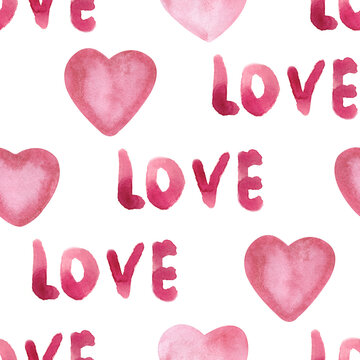 Watercolor hearts and the handwritten word Love on a white background. Romantic seamless pattern for valentine's day, wedding, holiday. Hand-drawn, pink sketch, doodles.