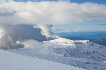 Top of mount Monaque seen from Avachinksy Volcano, Kamchatka, Russia. Kamchatka in early autumn